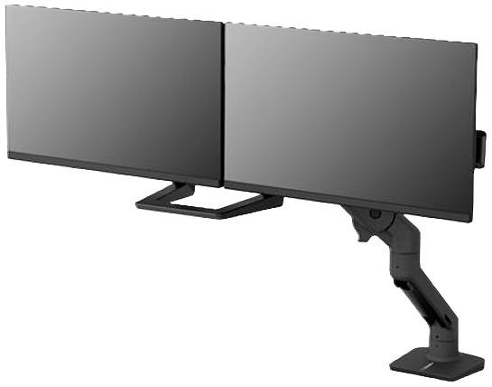 Dwa zamontowane obok siebie monitory na regulowanym ramieniu, odpowiednie do ergonomicznej adaptacji stanowiska pracy.