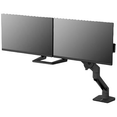 Dwa zamontowane obok siebie monitory na regulowanym ramieniu, odpowiednie do ergonomicznej adaptacji stanowiska pracy.