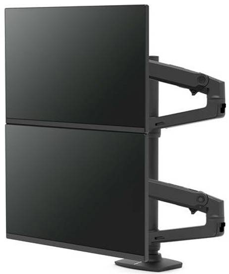 Dwa monitory zamontowane jeden nad drugim na elastycznych ramionach, odpowiednie do ergonomicznych stanowisk pracy, umożliwiające jednoczesne wyświetlanie wielu ekranów.