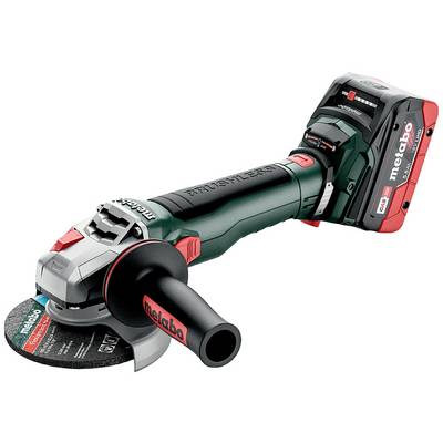 Szlifierka akumulatorowa z ergonomicznym uchwytem i logo Metabo, wyposażona w tarczę szlifierską oraz pakiet akumulatorowy 18V.