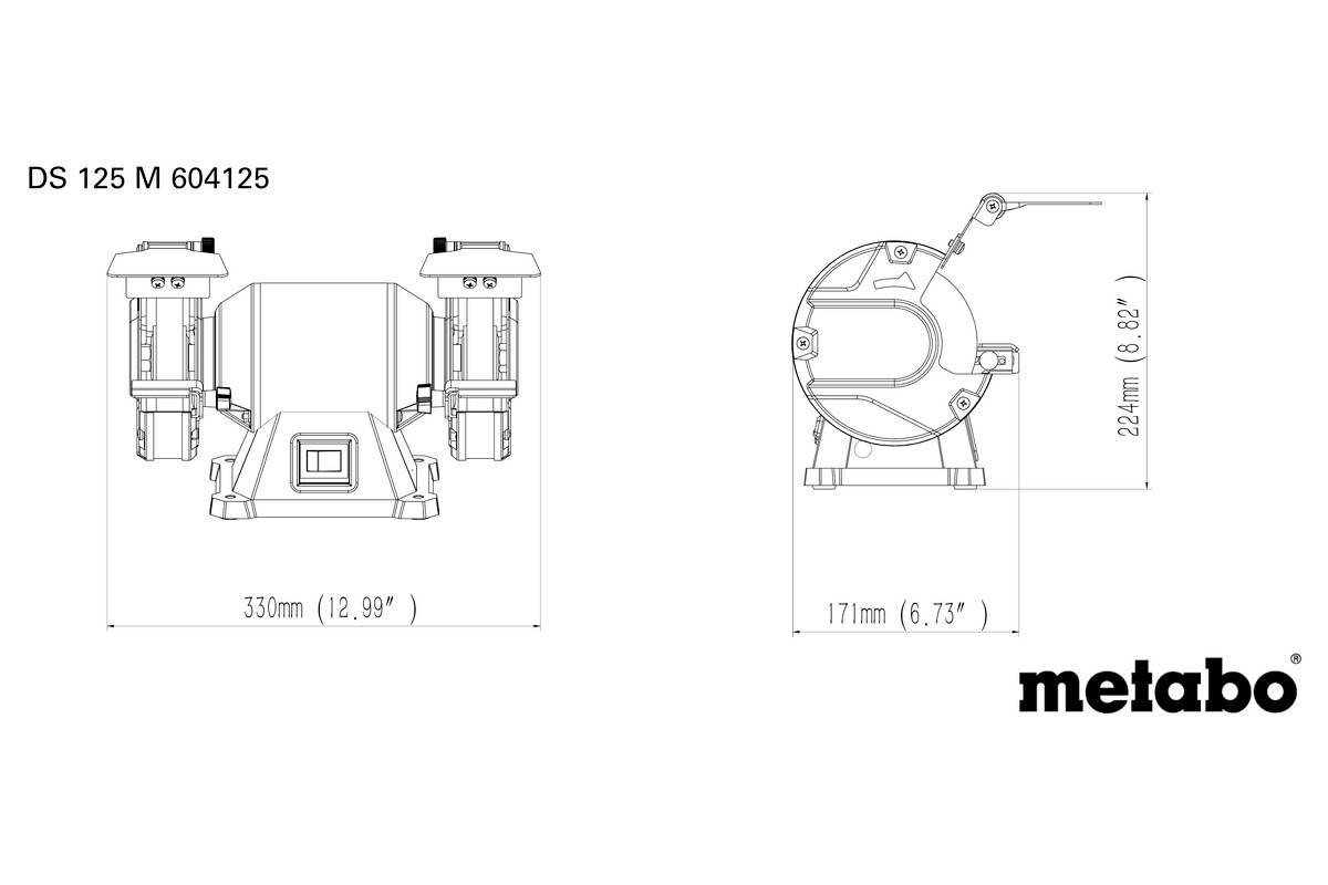 Rysunek techniczny szlifierki o wymiarach 330 mm szerokości i 171 mm głębokości. Oznaczona jako 'metabo'.