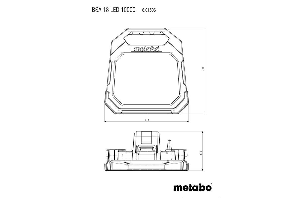 Rysunek techniczny lampy LED Metabo BSA 18 10000, przedstawiający widok z przodu i profil boczny z wymiarami.