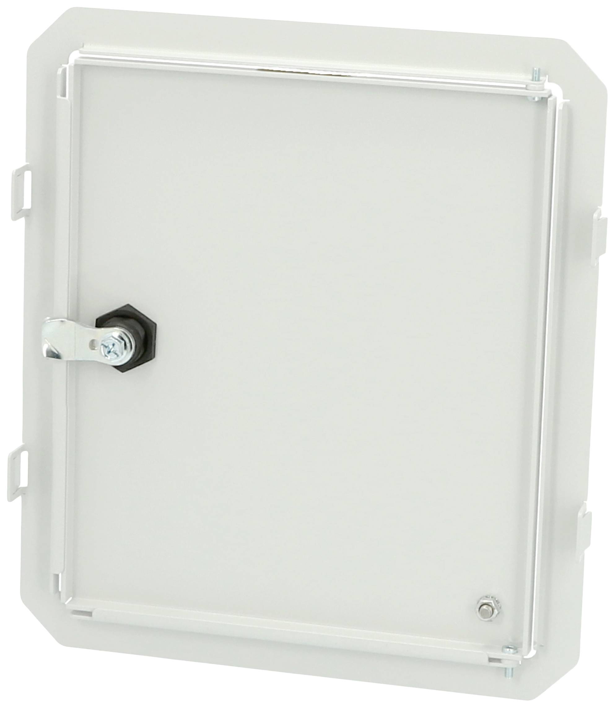 Prostokątna, szara skrzynka z zamknięciem metalowym po lewej stronie. Odpowiednia do instalacji lub obudów elektrycznych.