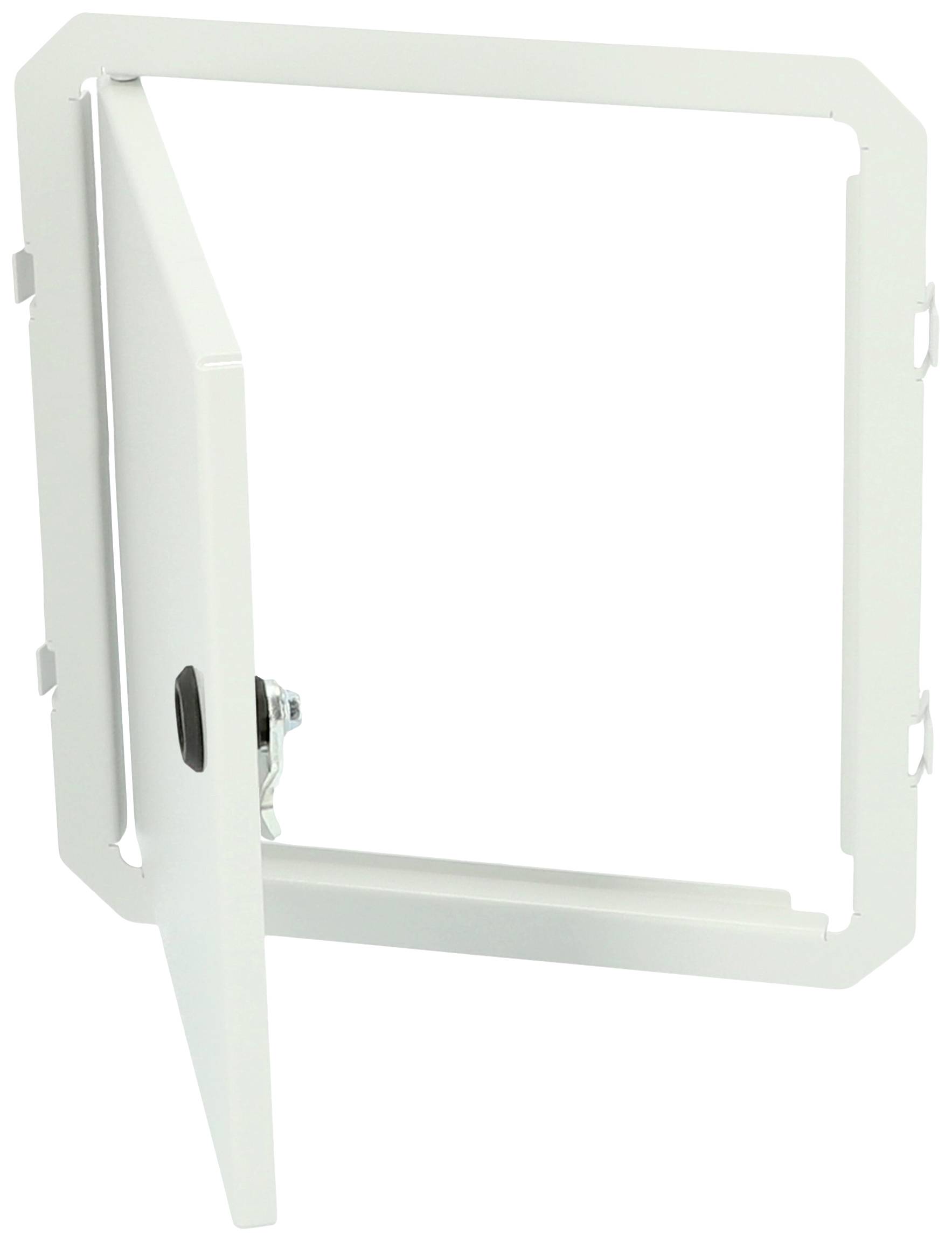 Otwarta, prostokątna, biała rama klapy rewizyjnej z zawiasem. Idealna do łatwej konserwacji ścian lub sufitów.