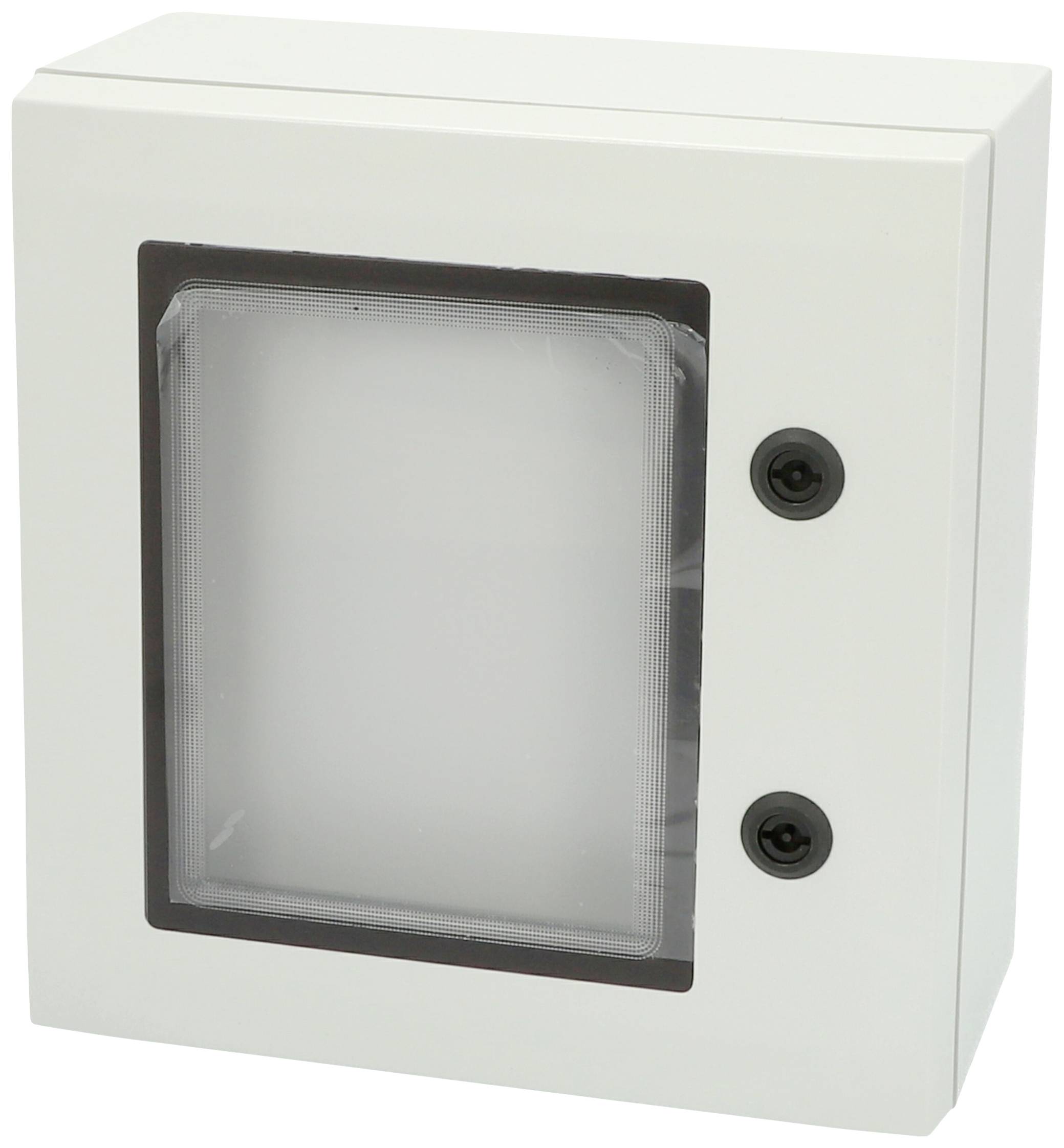Biały, prostokątny skrzynka bezpiecznikowa z przezroczystą pokrywą i dwiema czarnymi śrubami po prawej stronie.