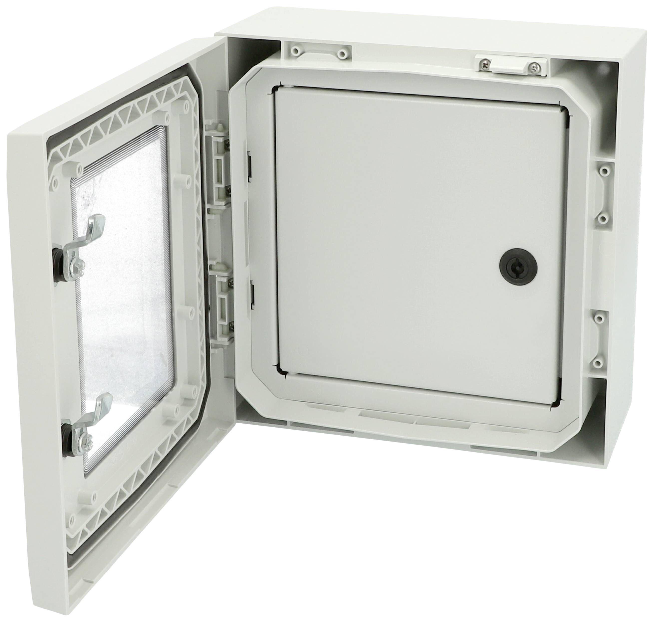 Otwarty, biały rozdzielnik elektryczny z przykrytą jednostką wewnętrzną. Idealny do ochrony elementów elektrycznych.