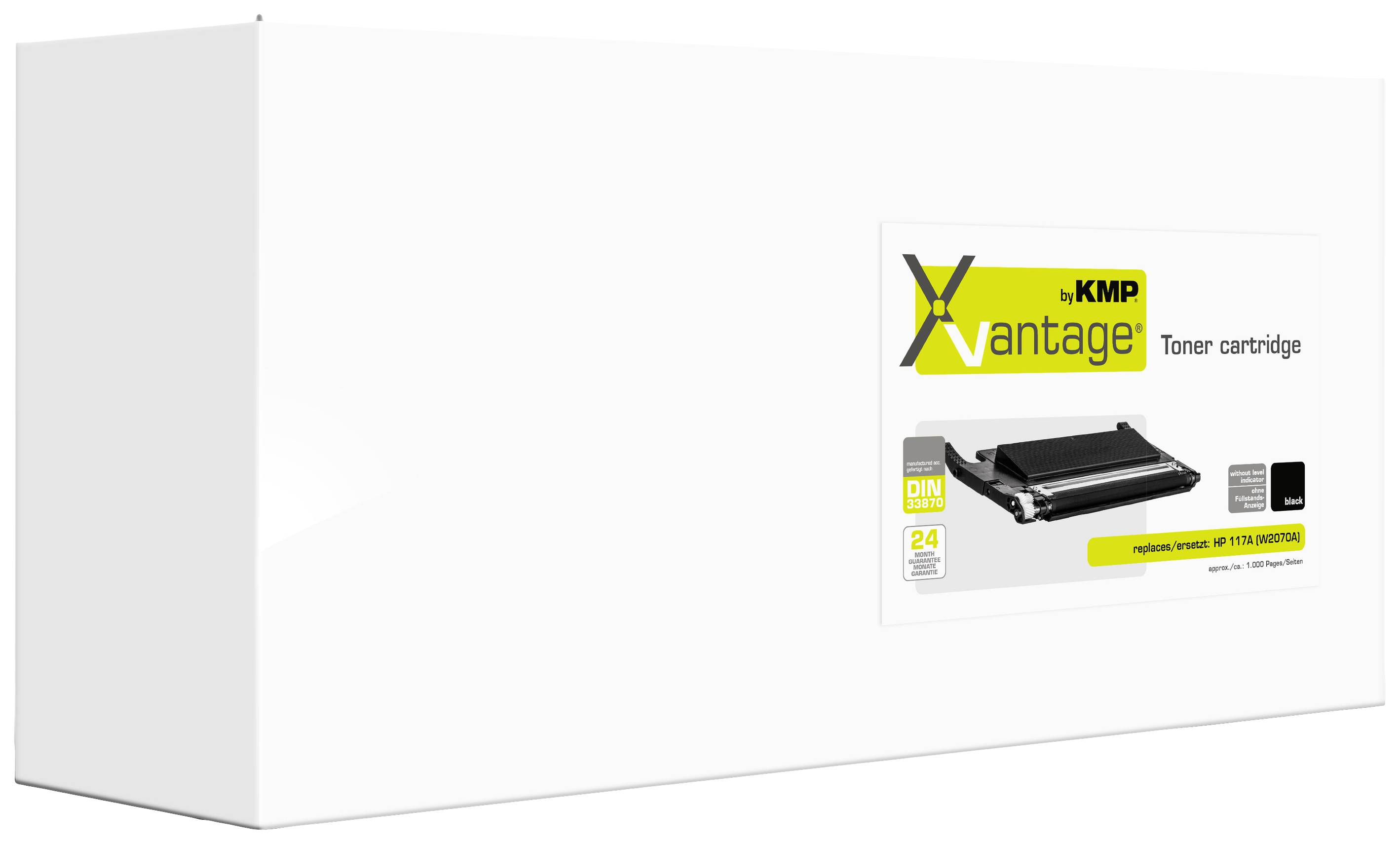 Biała opakowanie z czarną ilustracją kasety z tonerem i napisem 'KMP Vantage Toner Cartridge'.