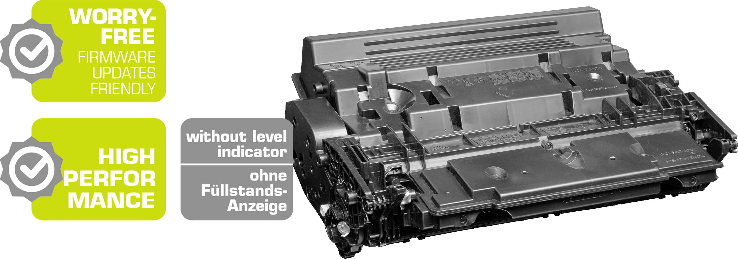 Kaseta z czarnym tonerem z napisami 'Bezproblemowa' i 'Wysoka wydajność'; bez wskaźnika poziomu tuszu.