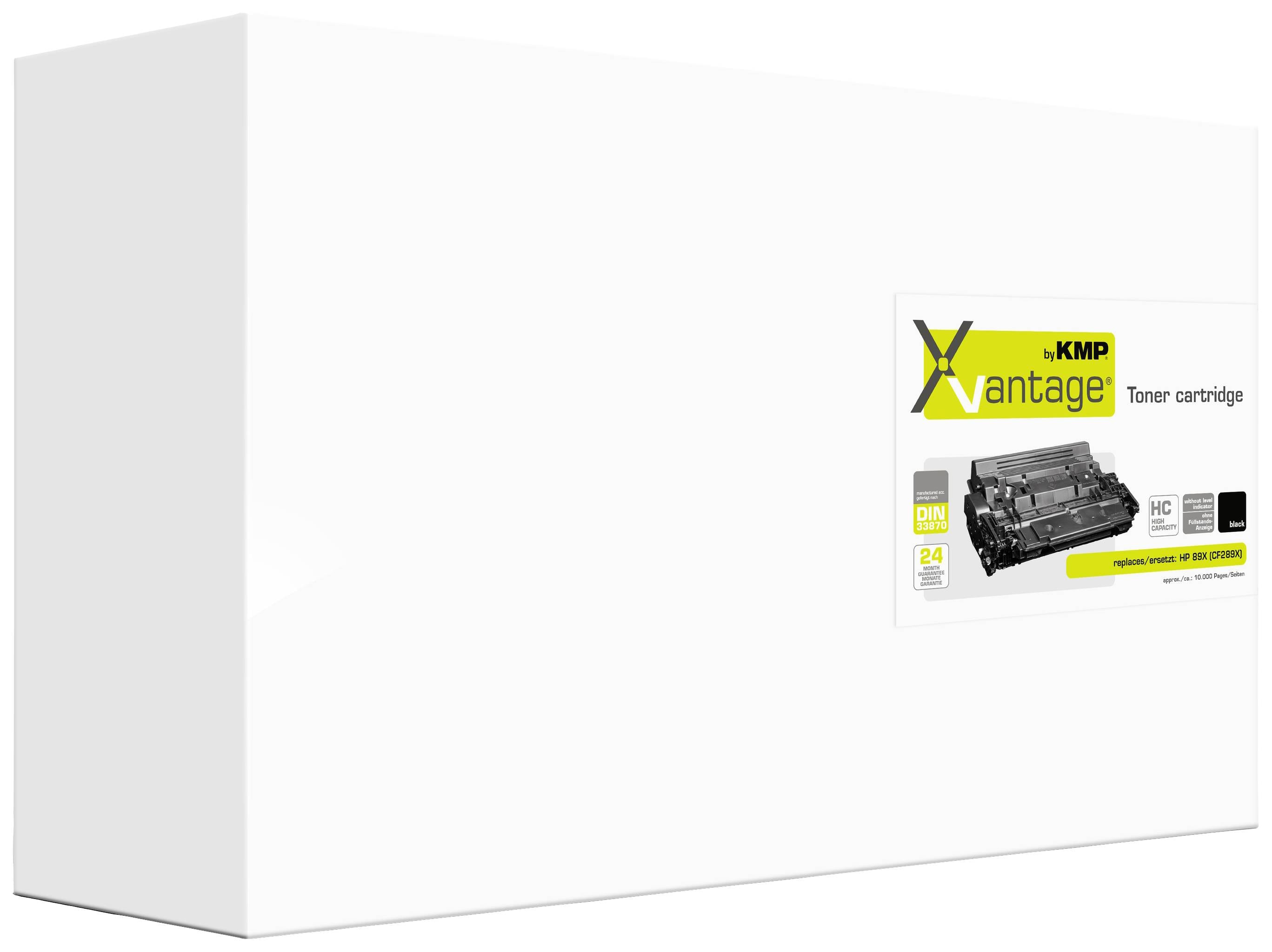 Biała opakowanie kasety z tonerem KMP Xvantage, z prezentacją zdjęcia produktu na etykiecie.