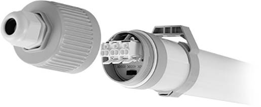 Otwarta rura LED z widocznym mechanizmem podłączeniowym, przeznaczona do połączeń elektrycznych w systemach oświetleniowych.
