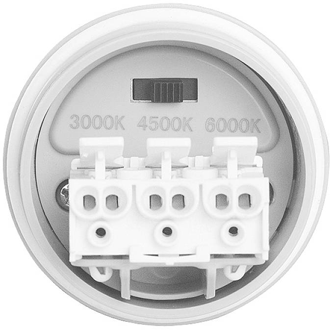 Okrągła lampa LED z trzystopniową regulacją temperatury barwowej: 3000K, 4500K, 6000K.