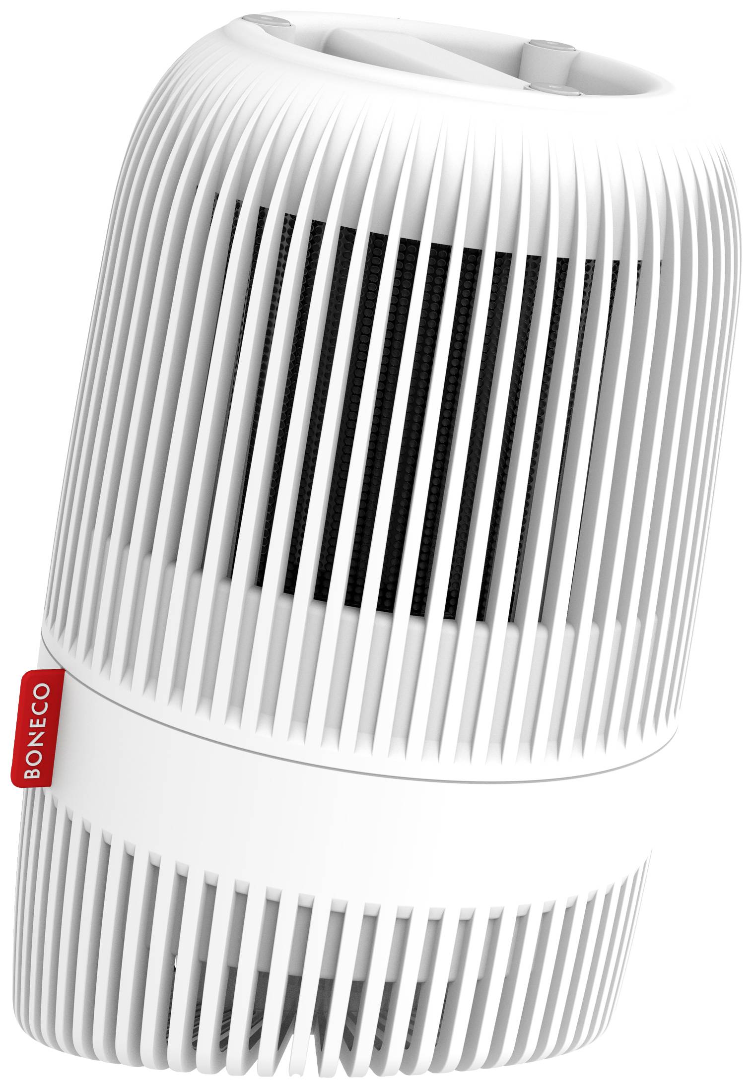 Oczyszczacz powietrza w kształcie cylindra z białymi lamelami i czerwonym logo BON-ECO.