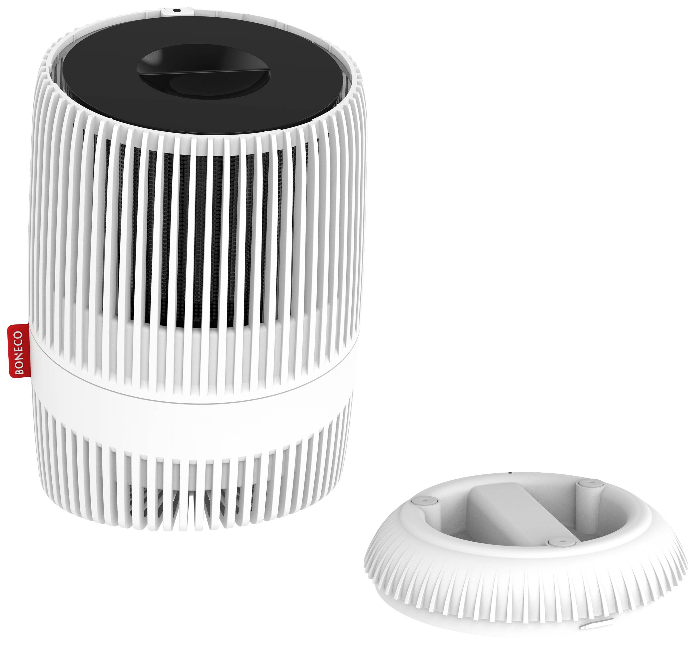 Biały, cylindryczny oczyszczacz powietrza z czarną górną częścią i zdejmowanym spodem. Zaprojektowany do użytku wewnętrznego.