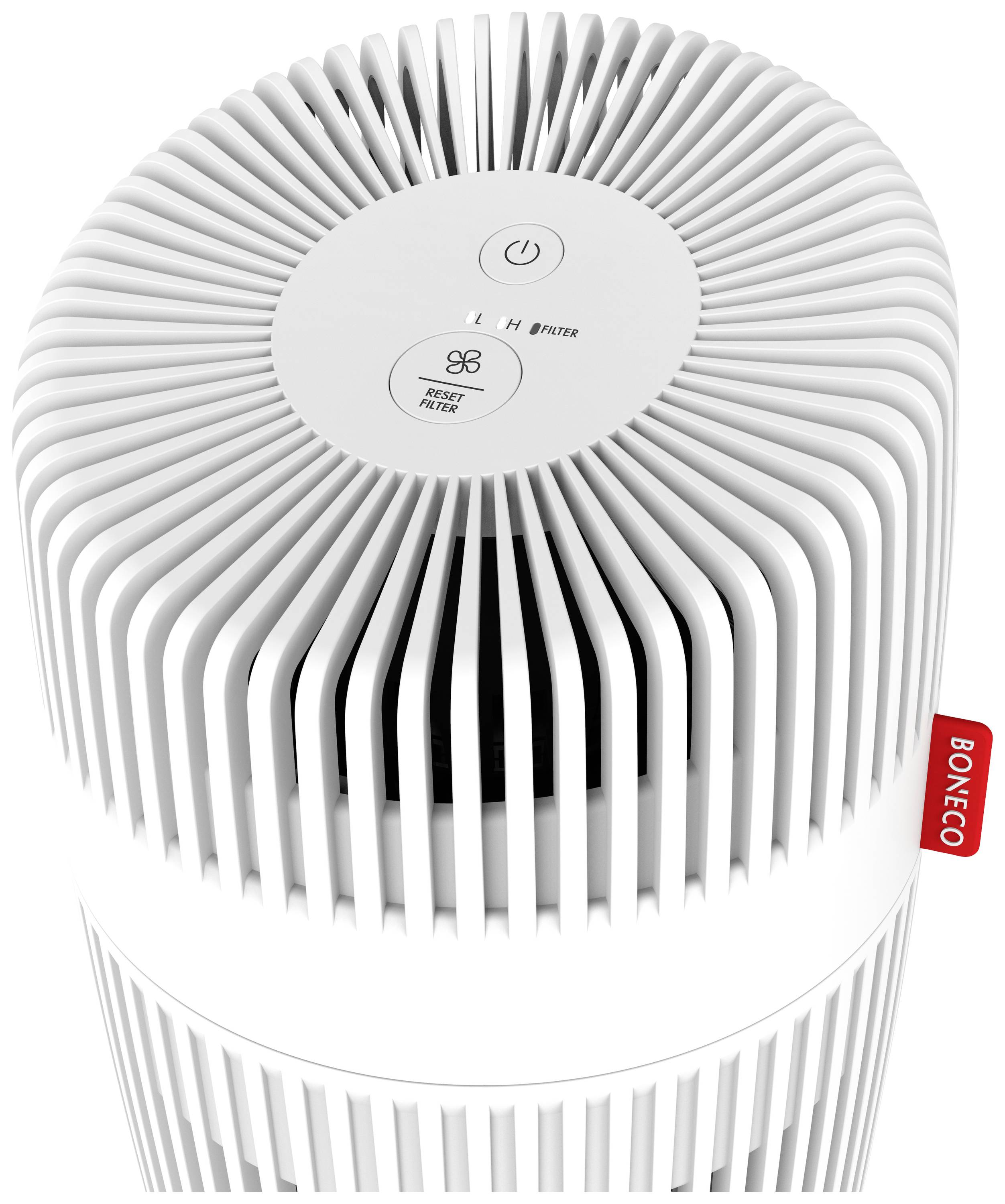 Oczyszczacz powietrza z pionowym designem wentylatora, przyciskami włączania/wyłączania i trybami pracy. Nazwa marki 'BONECO' widoczna z boku.