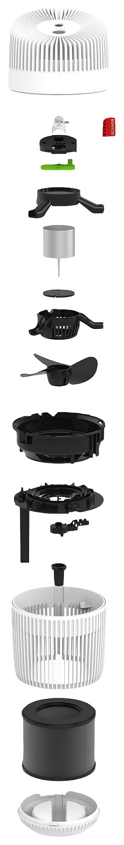 Rysunek rozstrzelony oczyszczacza powietrza z częściami do demontażu, w tym obudowa, wentylator, filtr i podstawa zasilania.