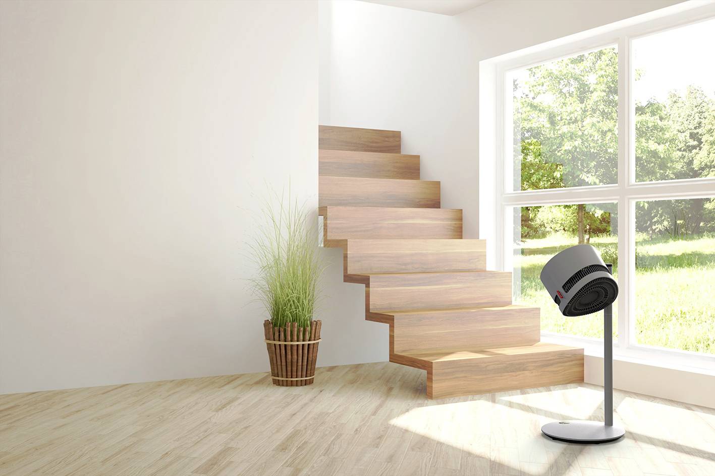 Nowoczesne, minimalistyczne wnętrze z drewnianymi schodami, rośliną w koszu i oknem wpuszczającym obfite światło dzienne.