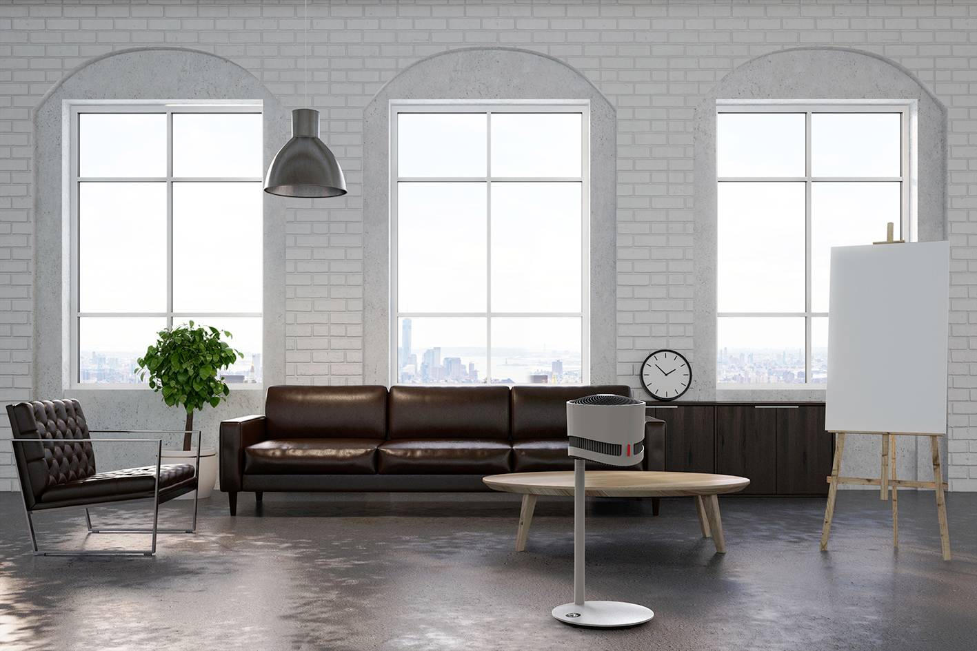 Nowoczesny salon z skórzaną sofą, fotelem, stolikiem kawowym, lampą stojącą i dużymi oknami oferującymi widok na miasto.