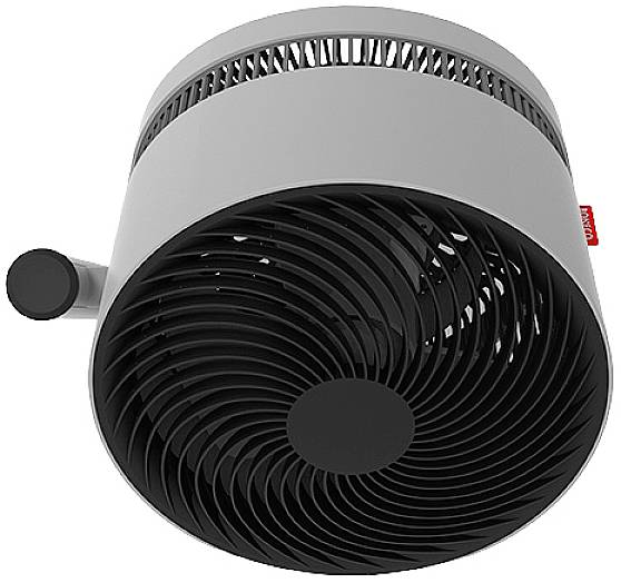'Szary, cylindryczny wentylator z czarną kratką i czerwonym logo z boku. Ustawiony pionowo, widok na łopatki wentylatora od dołu.'