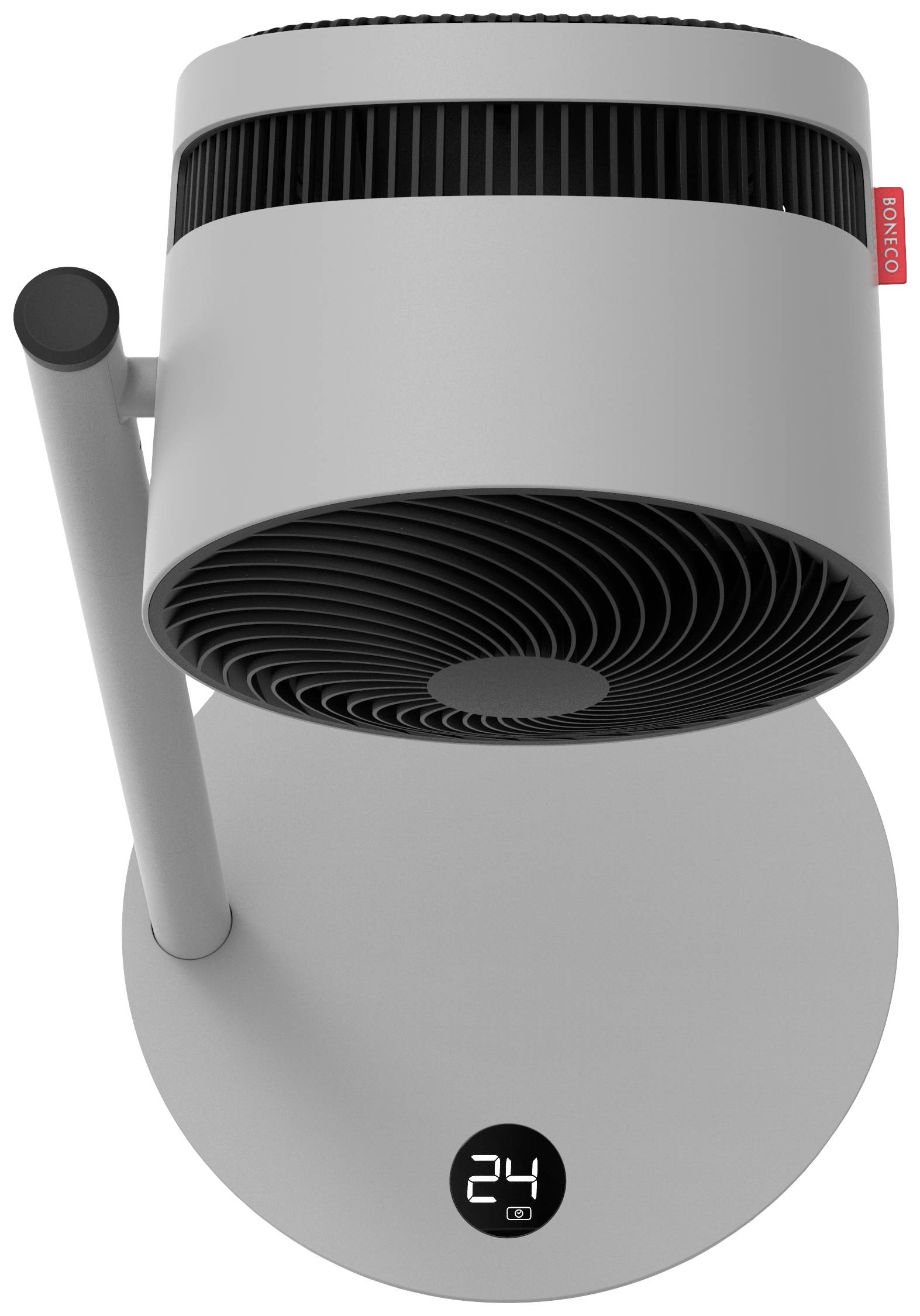 Biały wentylator w nowoczesnym stylu z cyfrowym wyświetlaczem, na którym widać '24'. Obudowa posiada pionowe szczeliny wentylacyjne.