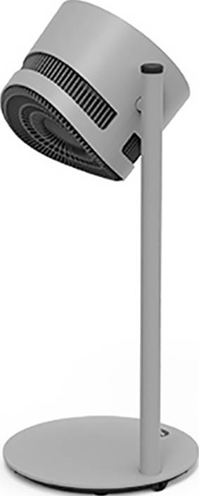 Szary, nowoczesny wentylator stołowy o smukłej podstawie i okrągłej głowicy, lekko pochylony do przodu i zamocowany u góry.