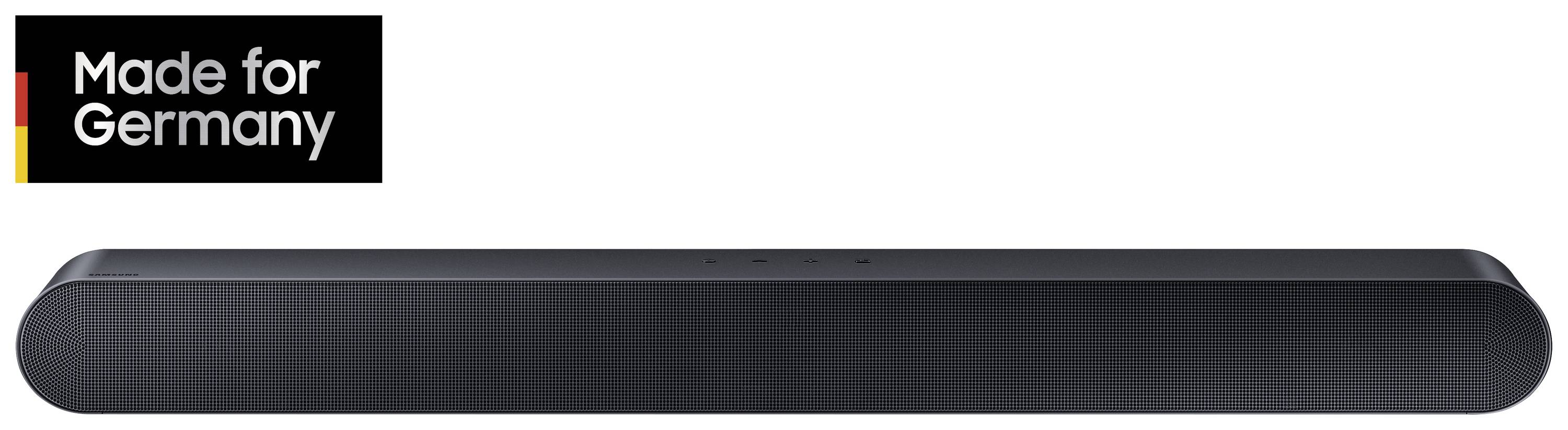 Soundbar o minimalistycznym designie z logo 'Made for Germany' w lewym górnym rogu.