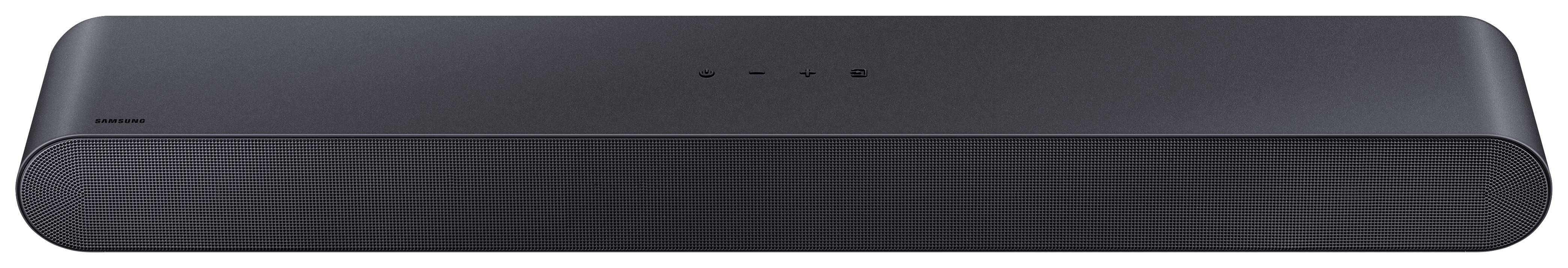 Czarna soundbar o zaokrąglonych narożnikach z kilkoma małymi, dyskretnie umieszczonymi przyciskami na górnej powierzchni.