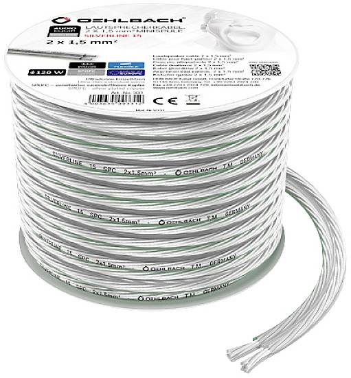 Rolka przewodu głośnikowego w kolorze białym, 2 x 1,5 mm², długość 15 m. Nazwa marki widoczna na górze rolki.