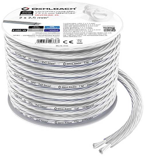 Szpula przewodu głośnikowego Oehlbach o przekroju 2x2,5mm², długości 180 metrów, przeznaczonego do wysokiej jakości transmisji dźwięku. Kabel w kolorze srebrnym, nawinięty na szpulę.