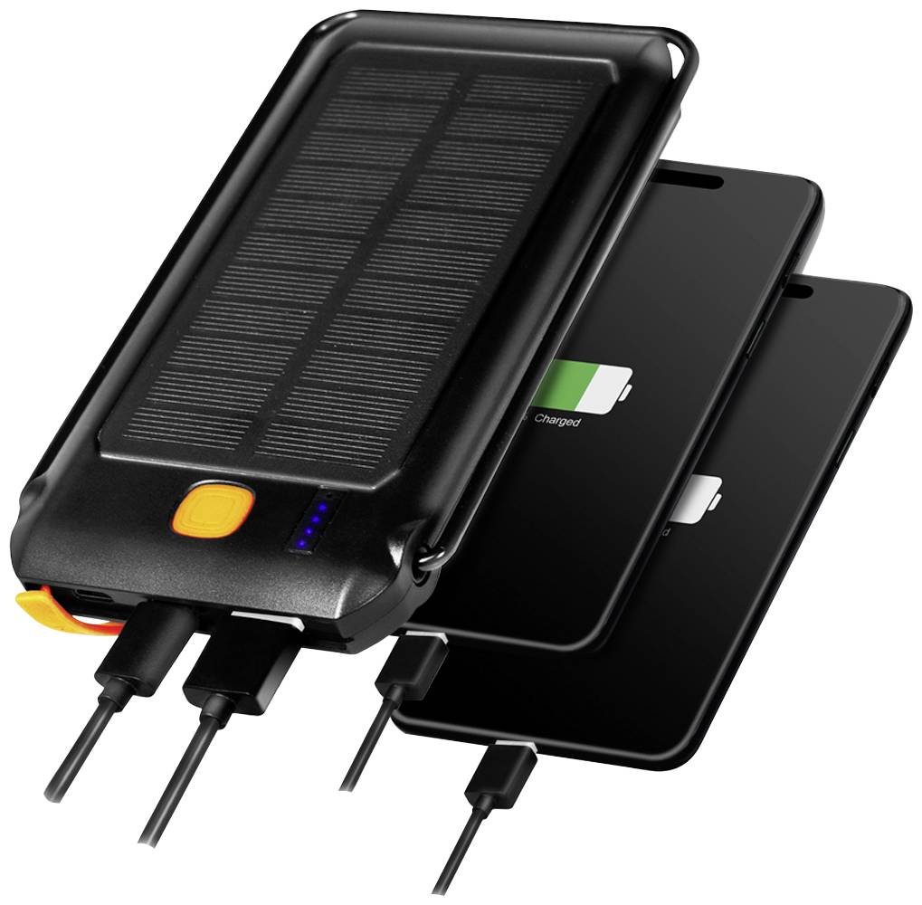Przenośny akumulator solarny ładuje jednocześnie dwa smartfony. Powerbank posiada panel słoneczny i wyświetla niebieskie diody LED wskazujące stan naładowania.