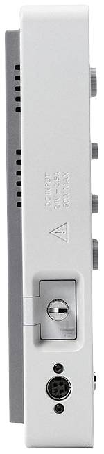 Strona białego urządzenia elektronicznego z gniazdami i przyciskami.