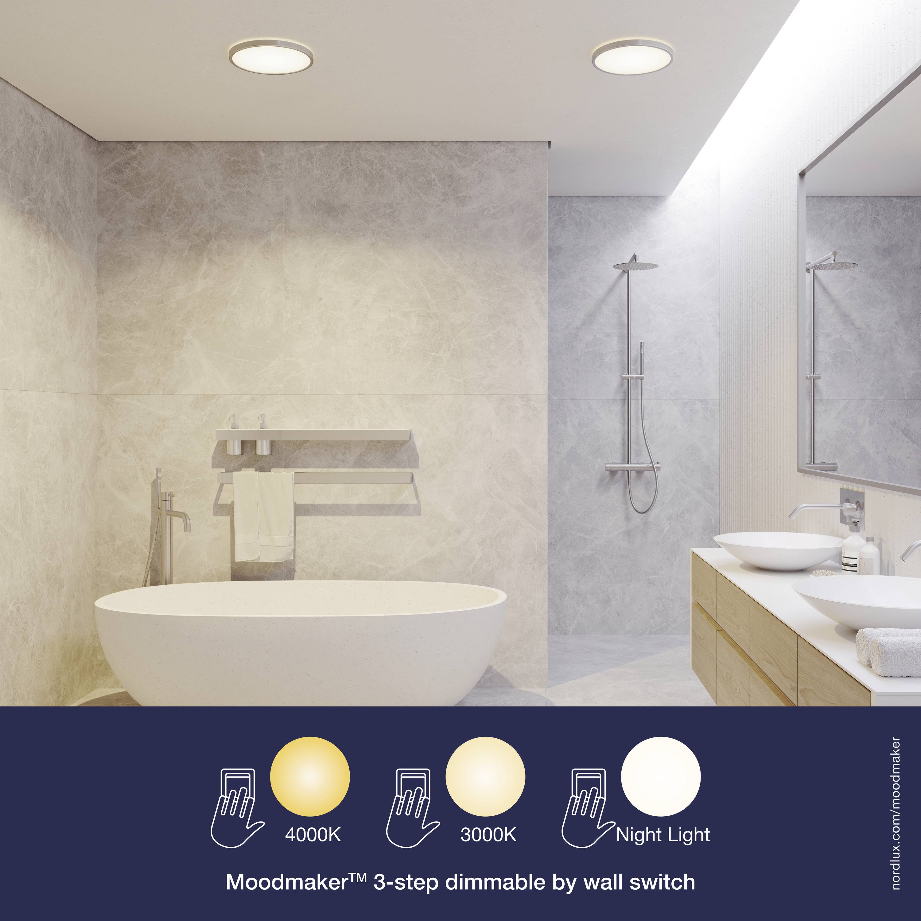 Jasna łazienka z okrągłą wanną, dwoma umywalkami i prysznicem. Oświetlenie oferuje trzy poziomy przyciemnienia: 4000K, 3000K, tryb nocny.