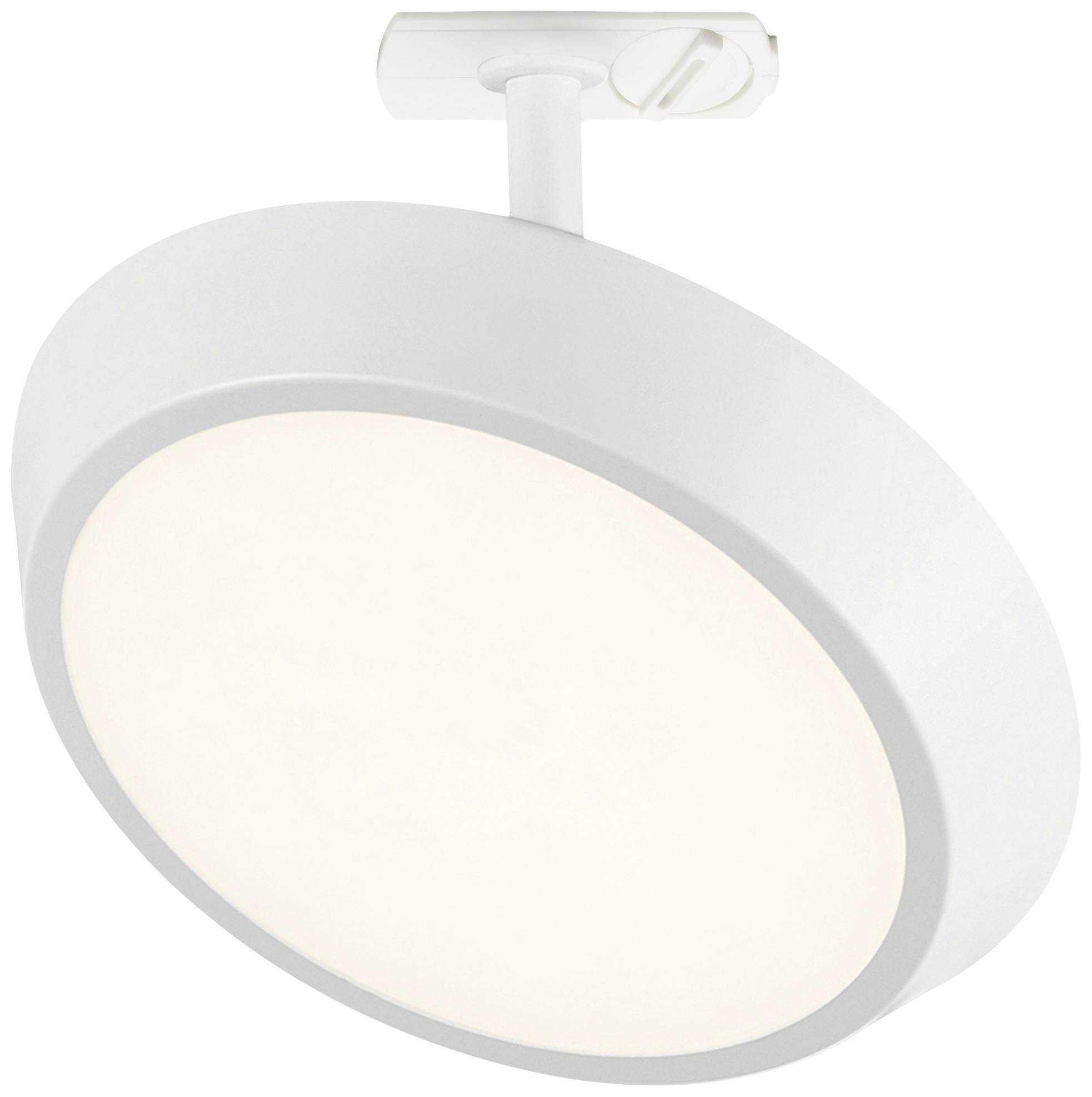 Okrągła, biała lampa sufitowa z regulowanym mocowaniem, idealna do nowoczesnych wnętrz mieszkalnych. Zapewnia równomierne, miękkie światło.