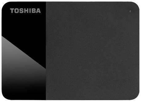 Zewnętrzny dysk twardy Toshiba, czarny, z błyszczącym paskiem po lewej stronie.