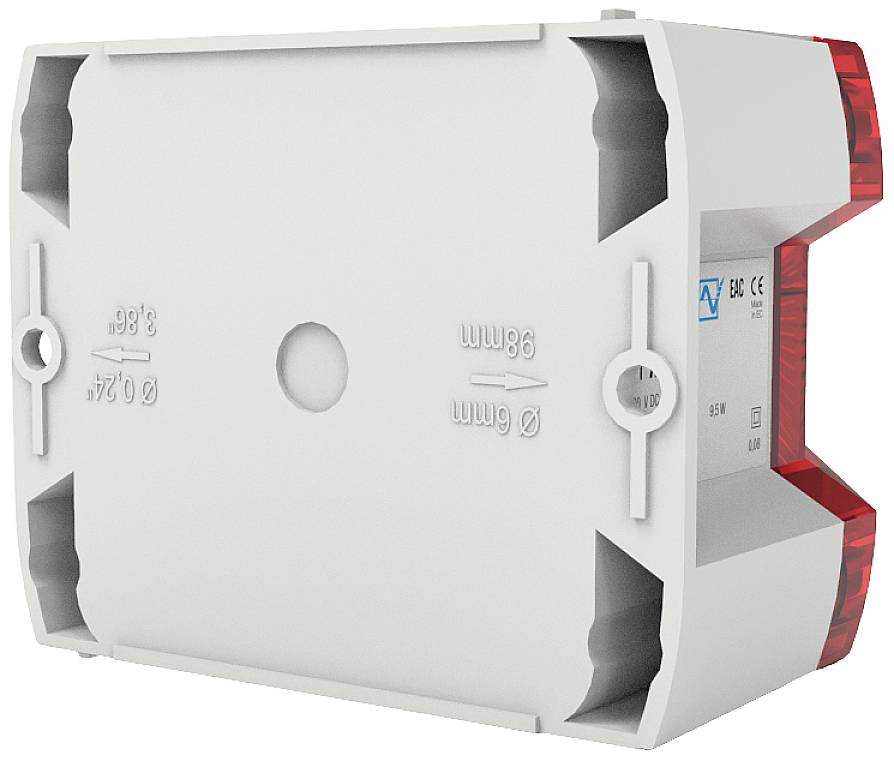 Urządzenie elektryczne o modułowej budowie, w kolorze szarym z czerwonymi końcówkami, przeznaczone do montażu ściennego lub szynowego, z instrukcjami montażowymi widocznymi na powierzchni.