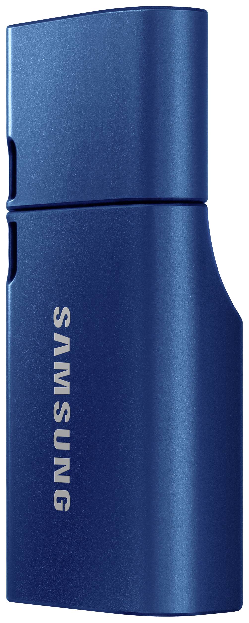 Niebieski pendrive Samsung o nowoczesnym, smukłym designie.