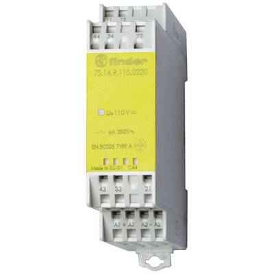 Przemysłowy przekaźnik z żółtą etykietą, specyfikacje: 'Napięcie niesymetryczne 110V', '6A 250V', 'EN 50205 TYP A'.