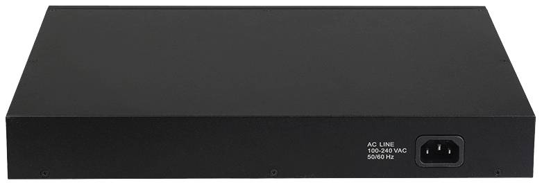 Czarne urządzenie elektroniczne z gniazdem zasilającym z tyłu. Oznaczone napisem 'AC LINE 100-240 VAC 50/60 Hz'.