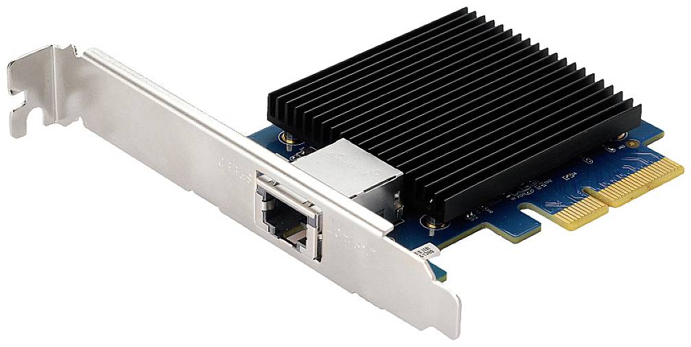 Karta sieciowa z radiatorem i złączem Ethernet, kompatybilna z gniazdami PCIe w komputerach.