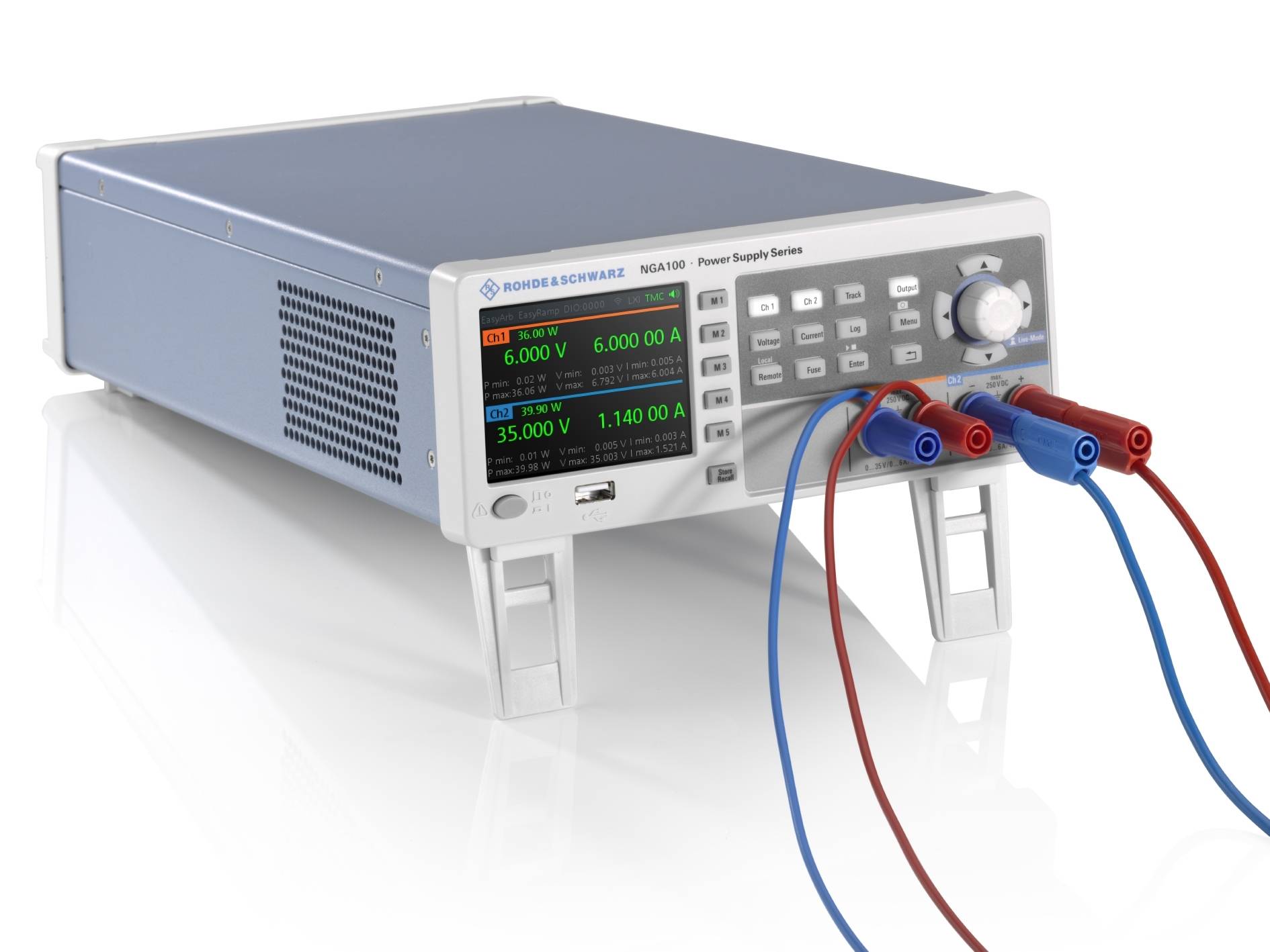 Zasilacz z cyfrowymi wyświetlaczami pokazuje napięcia i prądy. Podłączone czerwone i niebieskie kable z wtyczkami bananowymi.