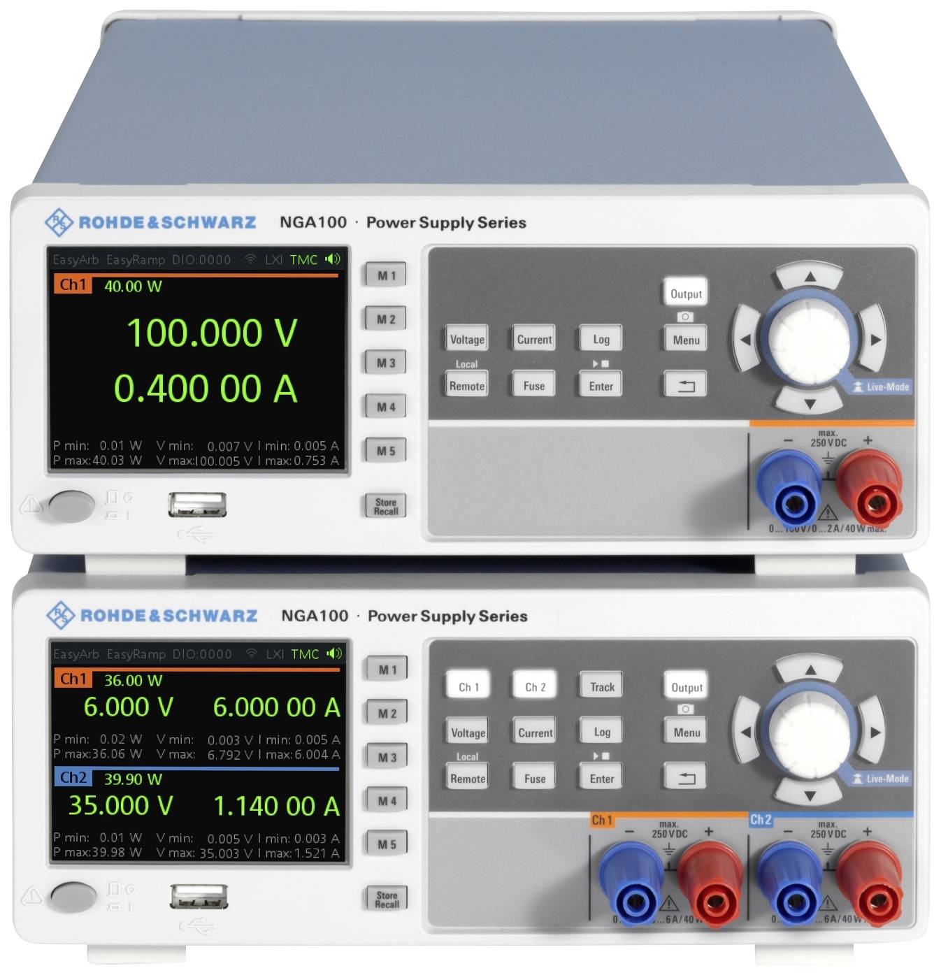 Dwa zasilacze z serii 'Rohde & Schwarz NGA100' z wyświetlaczem cyfrowym prezentują informacje o napięciu i natężeniu prądu dla dwóch kanałów.