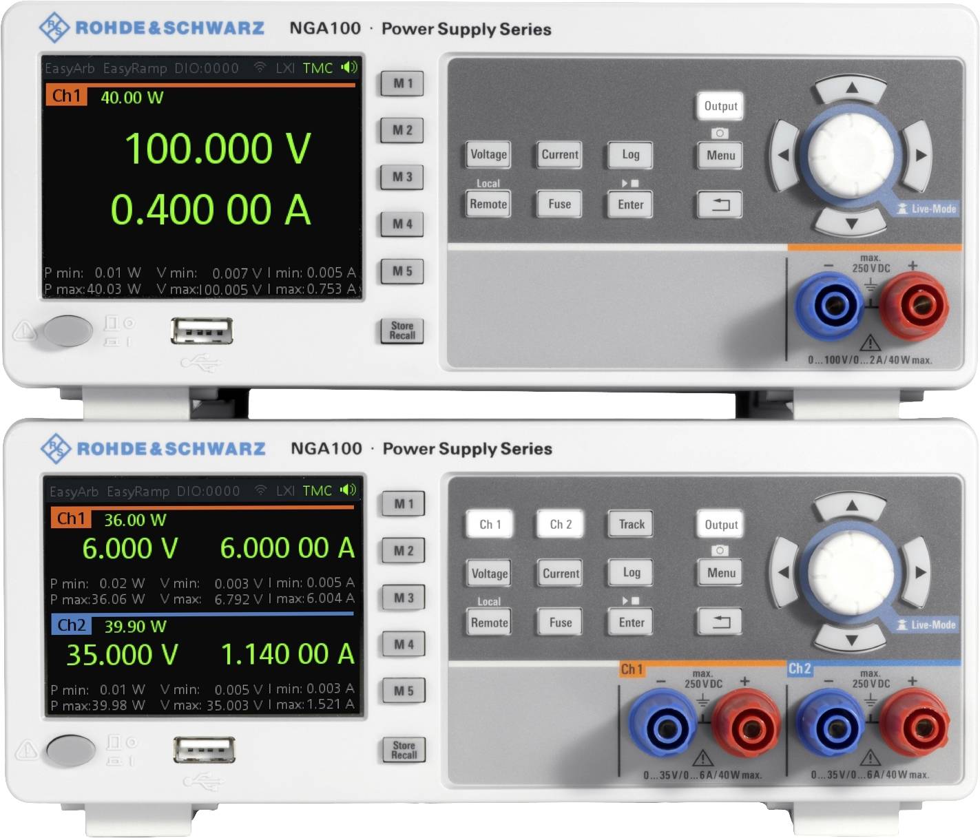 Dwa cyfrowe zasilacze laboratoryjne ustawione jeden nad drugim, wyświetlające napięcie i natężenie prądu. Górny wyświetlacz: '100.000 V, 0.400 A', dolny: '36.000 V, 0.600 A'.