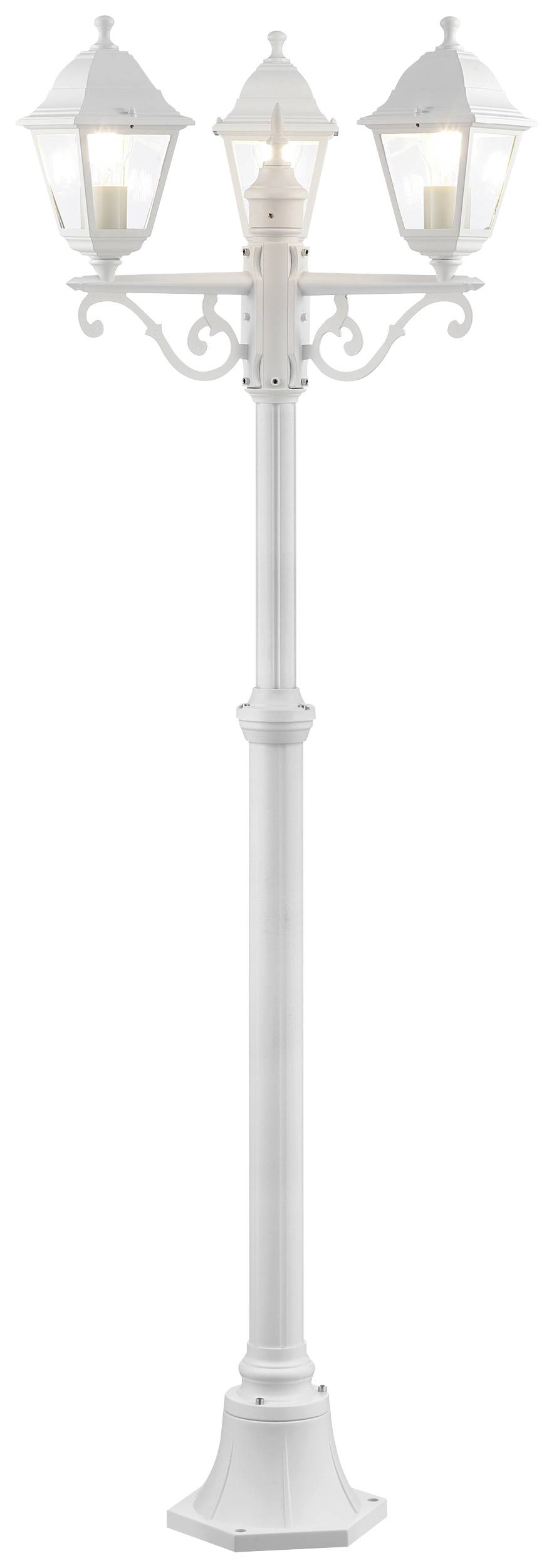 Biała lampa uliczna z trzema kloszami na ozdobnym ramieniu, odpowiednia do ogrodu lub przestrzeni zewnętrznej.