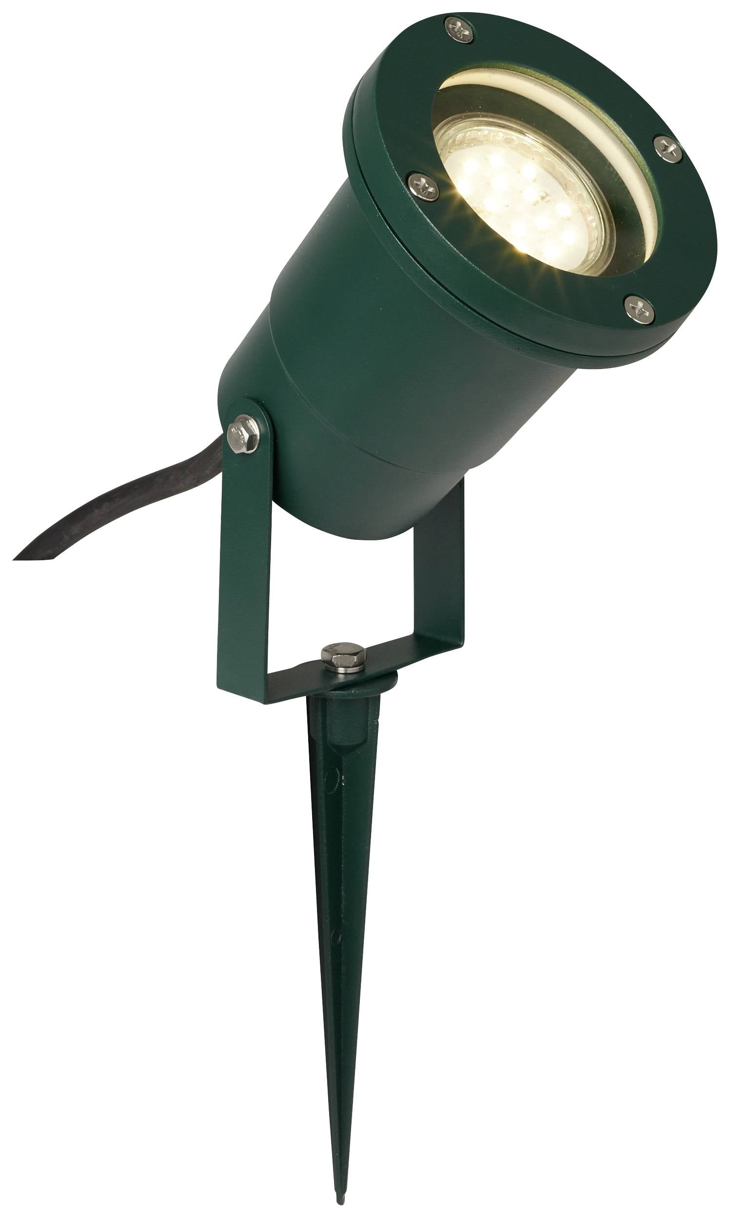 Zielona lampa ogrodowa ze szpikiem gruntowym i oświetleniem LED, odpowiednia do oświetlenia zewnętrznego.