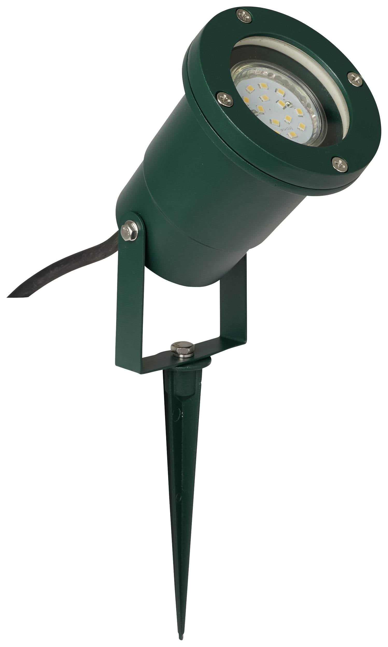 Zielowy zielony reflektor ogrodowy LED z grotem ziemnym i regulowaną głowicą do precyzyjnego oświetlenia na zewnątrz.