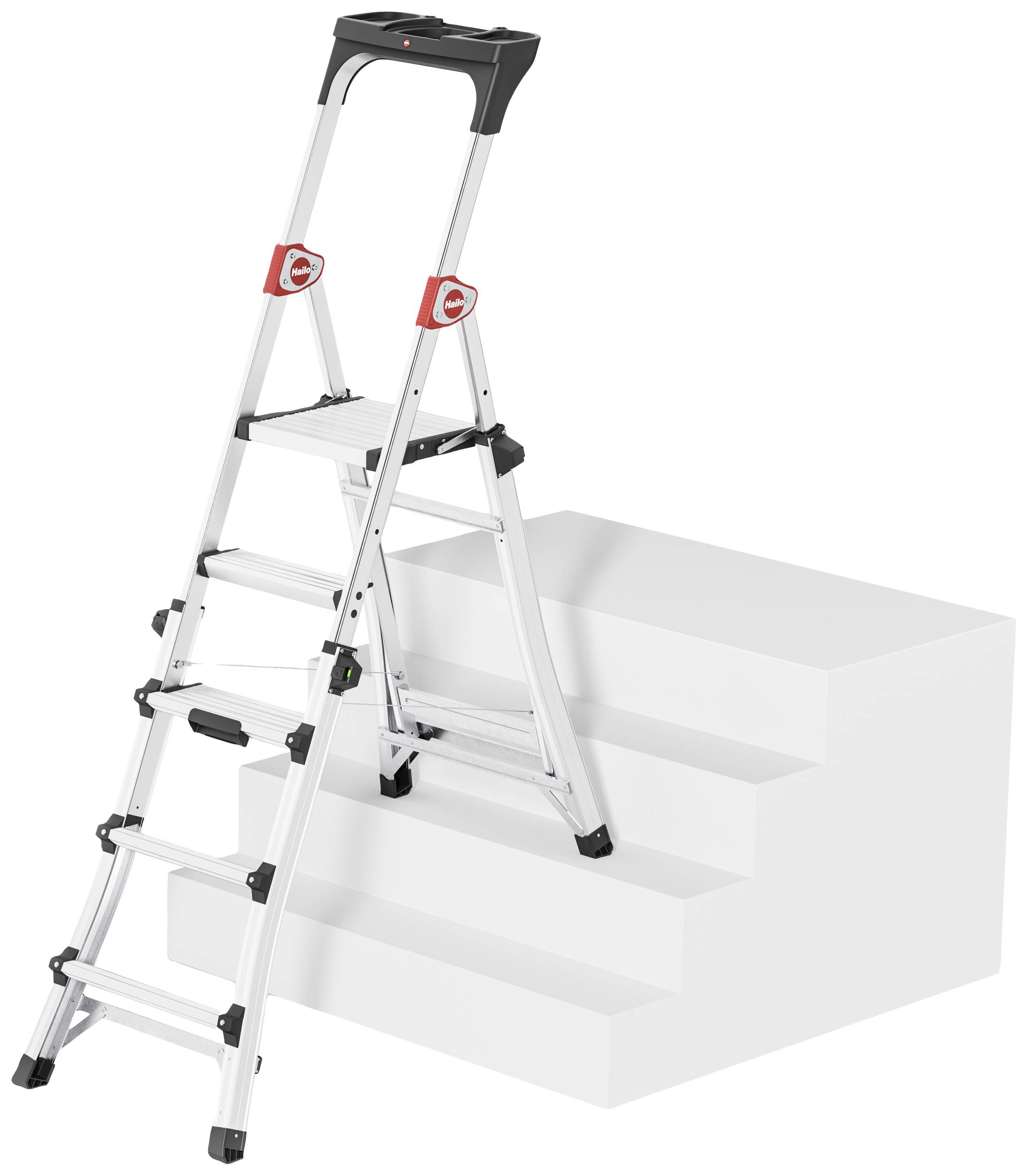 Aluminiowa drabina bezpiecznie spoczywa na schodach, prezentując swoją funkcję bezpiecznego użytkowania na nierównym podłożu.