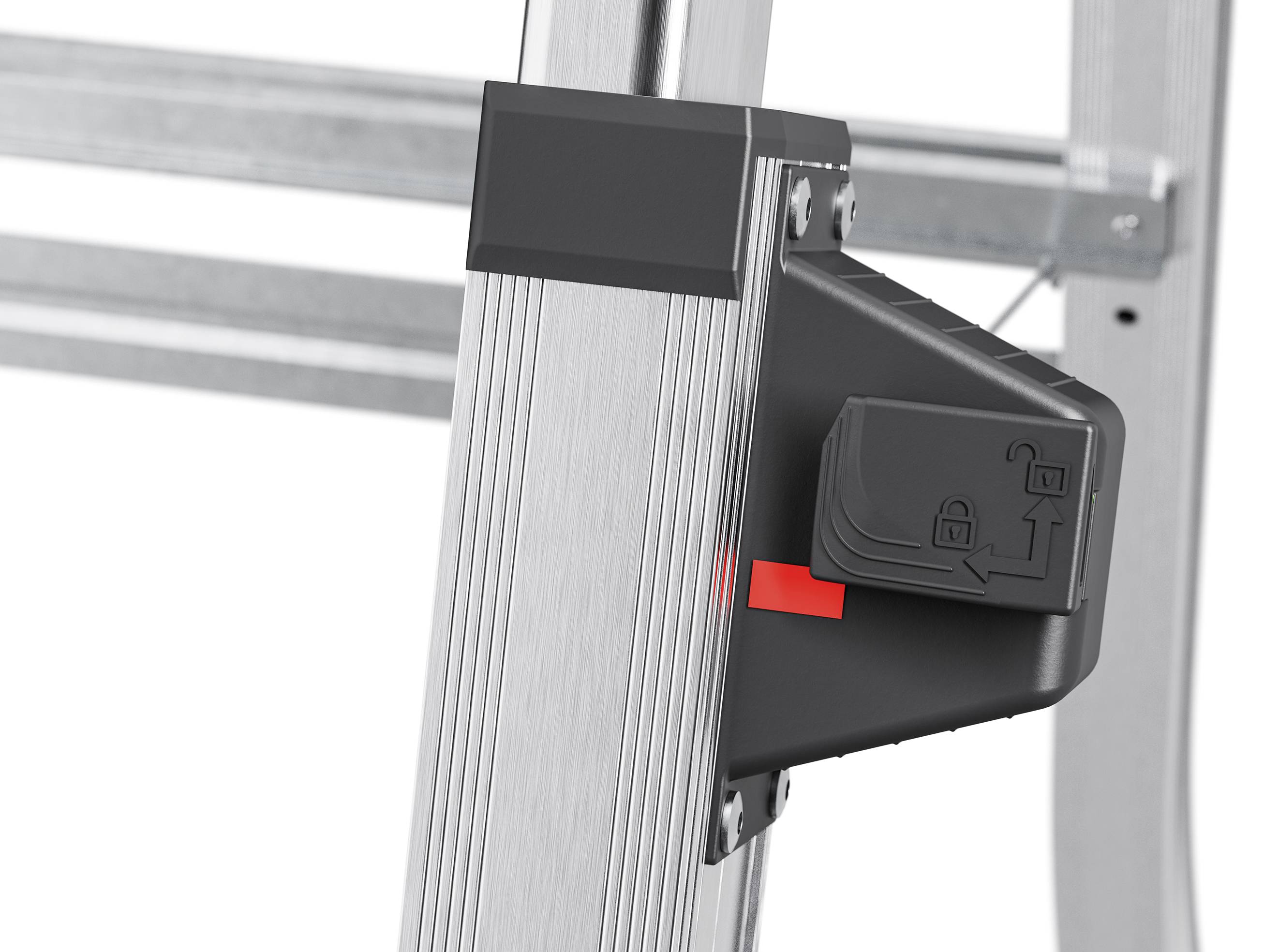 Zbliżenie aluminiowego rusztowania roboczego z zamkiem bezpieczeństwa ustawionym w pozycji "zamkniętej".