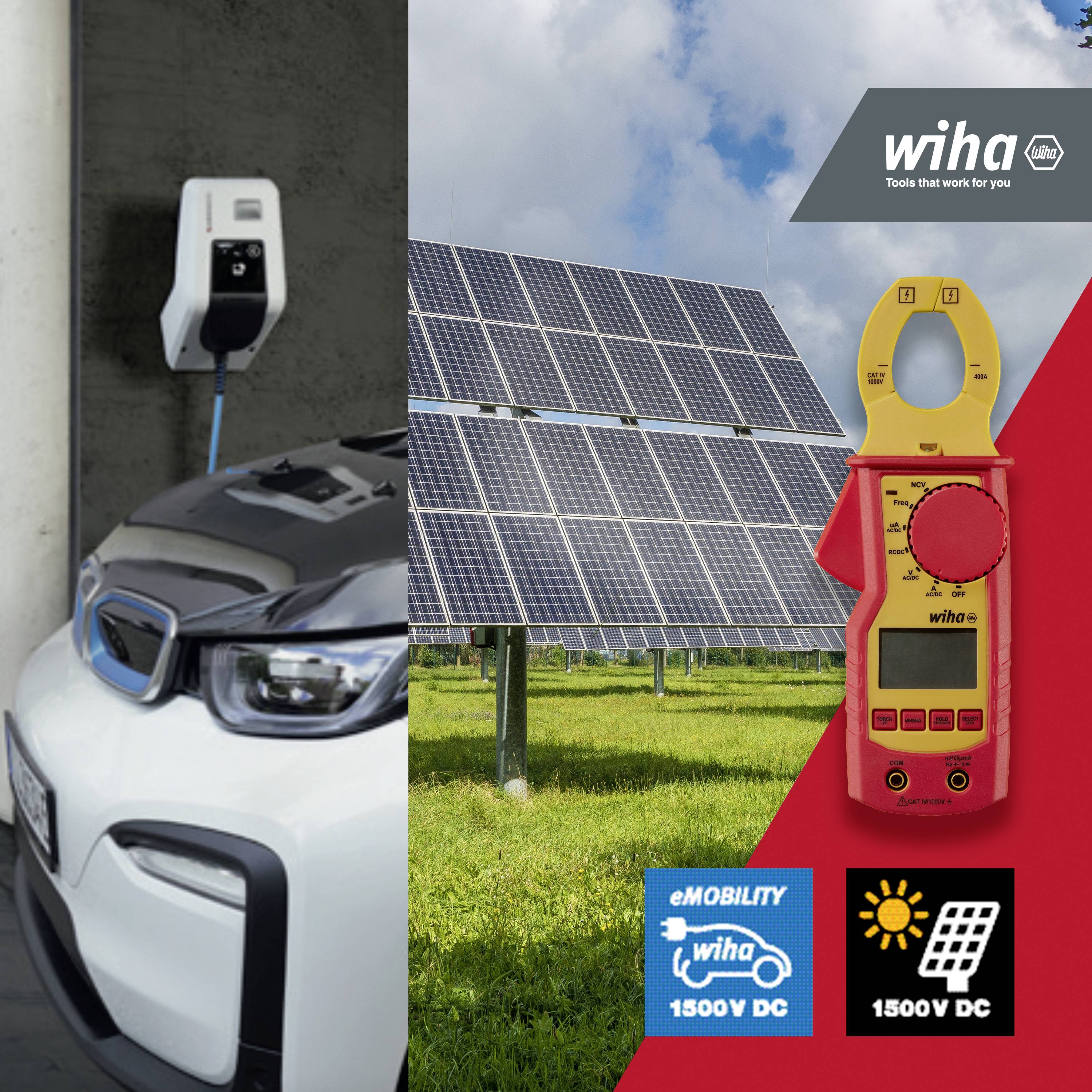 'Samochód elektryczny przy stacji ładowania, panele słoneczne w tle, cyfrowy multimetr w pobliżu, łączący ładowanie i energię.'