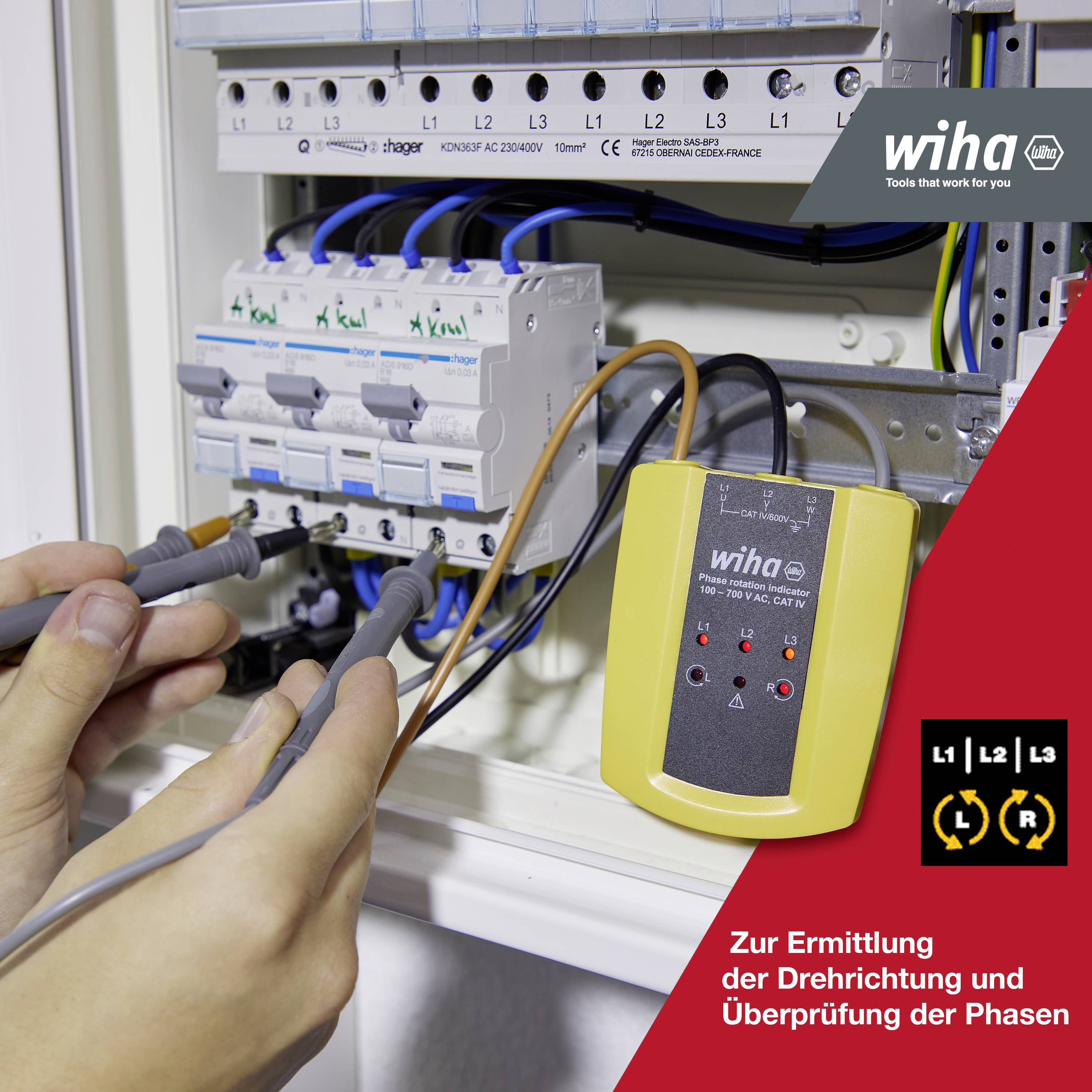 Elektryczny rozdzielnik z urządzeniem diagnostycznym do sprawdzania faz. Tekst: 'Do ustalenia kierunku wirowania i kontroli faz'.