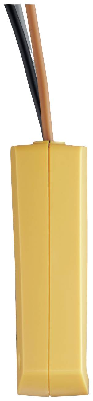 Zbliżenie zdjęcia żółtego, prostokątnego urządzenia z tworzywa sztucznego z dwoma wystającymi kablami, jednym czarnym, drugim pomarańczowym.