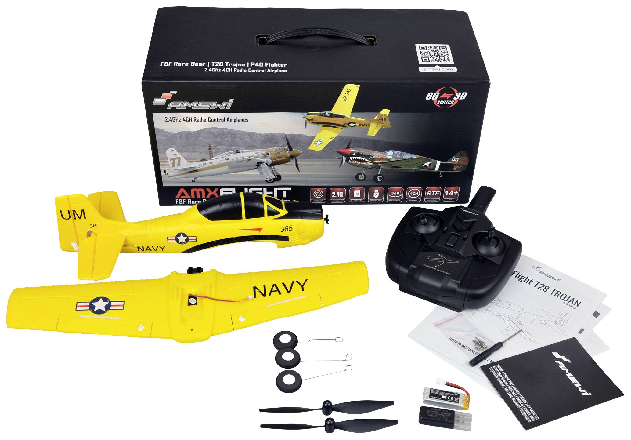 Zestaw do budowy modelu samolotu RC z żółtym samolotem oznaczonym navy etykietą, pilotem zdalnego sterowania, śmigłami, bateriami i instrukcją. Opakowanie przedstawia ilustrację samolotu.